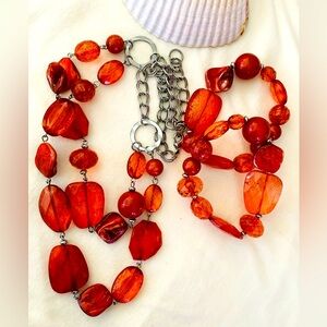 Red Orange Abalone Acrylic Beaded Necklace and Bracelet Set